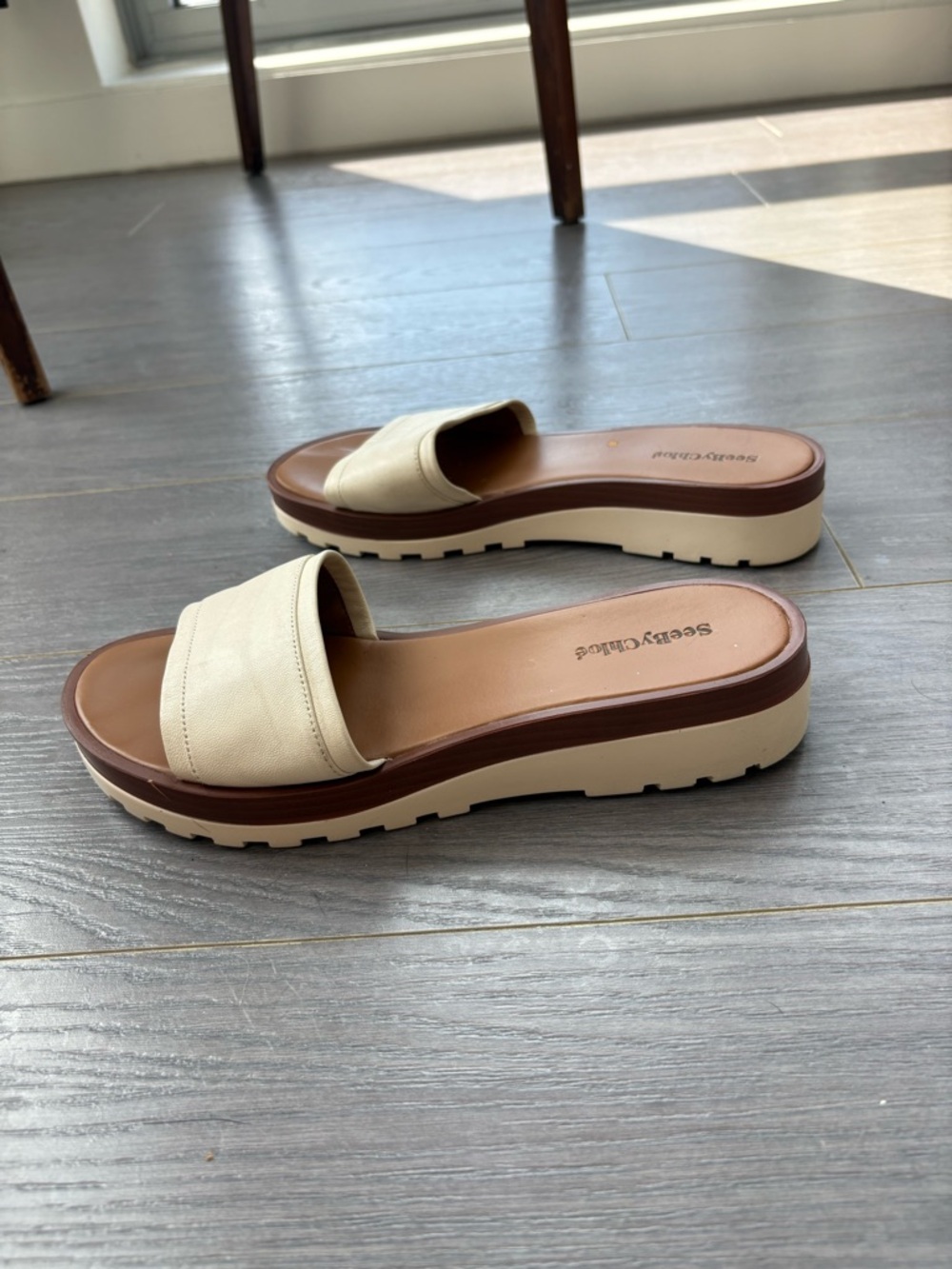 See By Chloe Leather Robin Platform Sandals Cream Brown Footbed Size 41/10-10.5